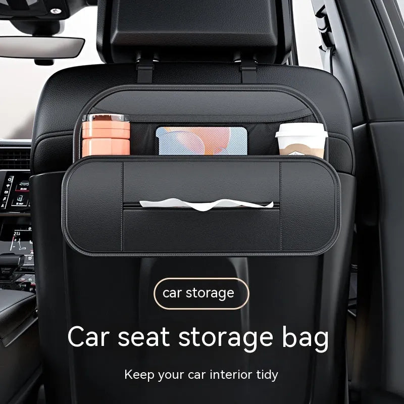 Black leather car seat rear storage bag showing dimensions and customisable pockets.