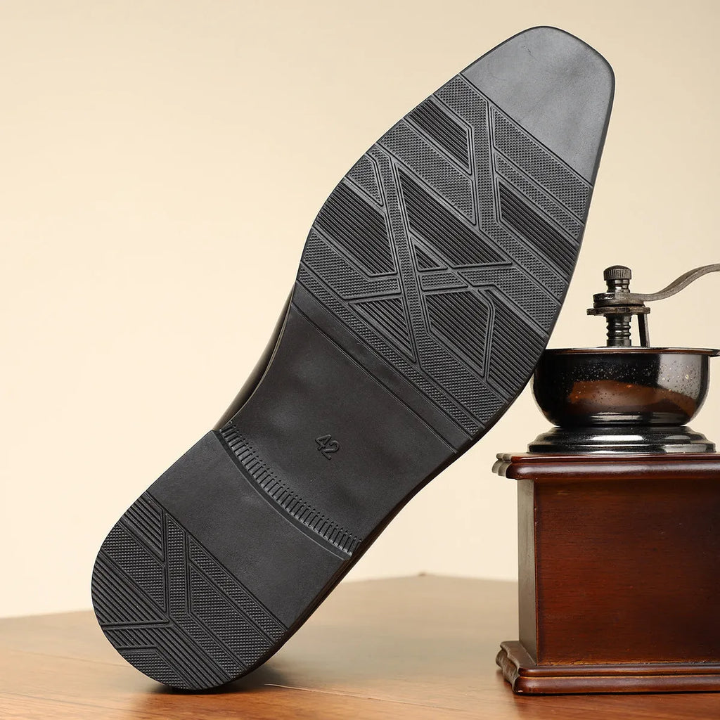 Men's brown retro formal shoes with side zipper and square toe on a rubber sole.