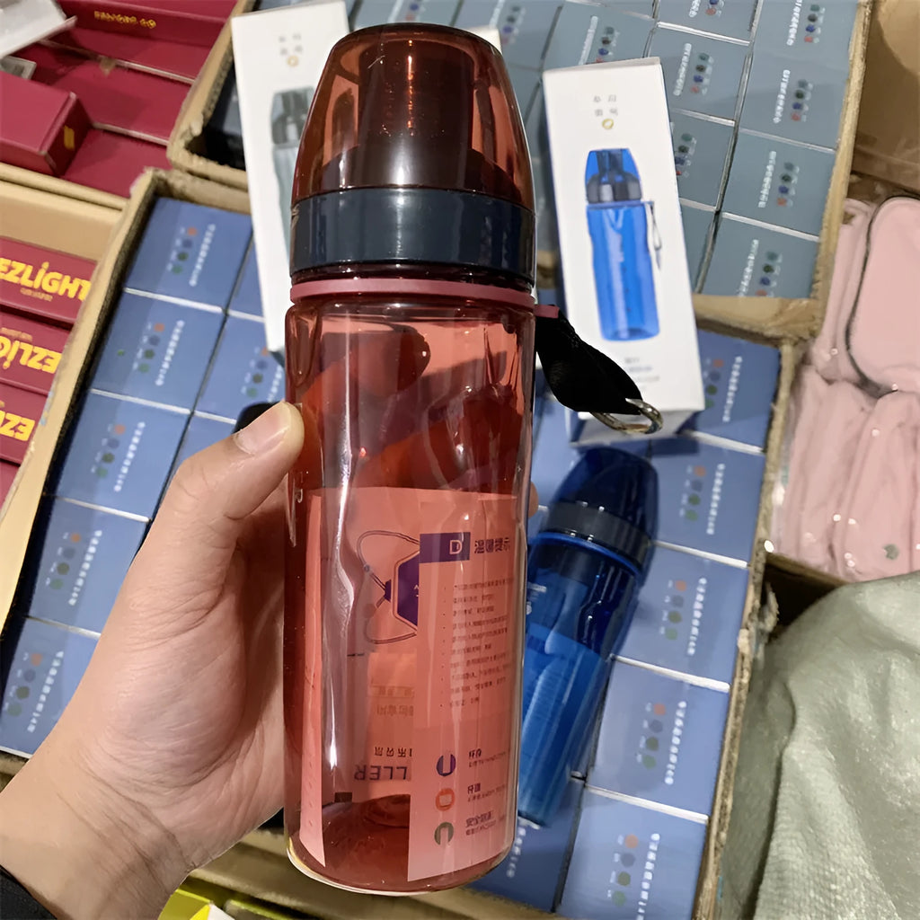 Chinese style portable sports water cup with separate tea compartment, shown in blue, red, black, and grey colour options.