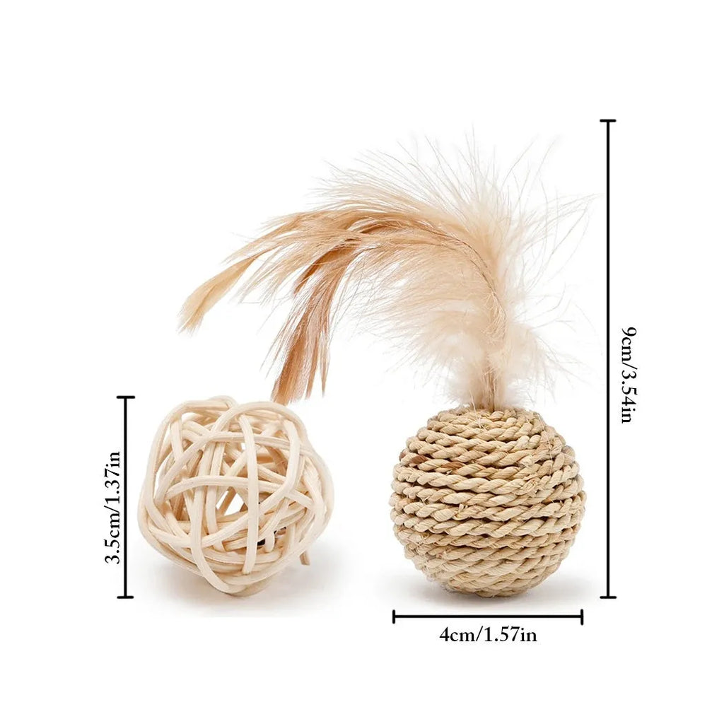 Two cat toys: a woven rattan ball and a faux feather ball with bell on a white background.