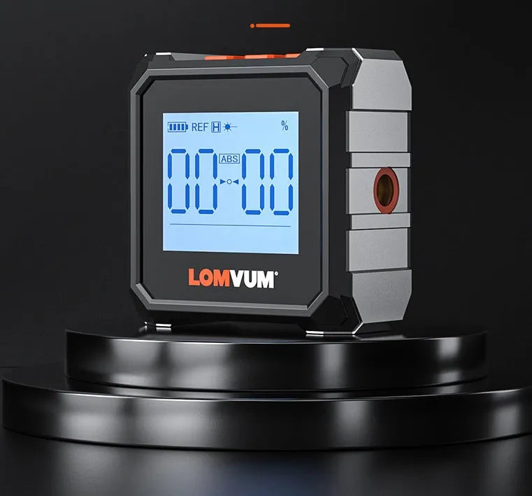 Laser infrared digital inclinometer with extended steel tape measure, showing alloy casing and display.