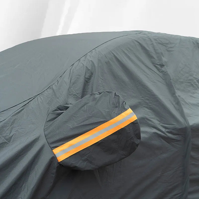 Grey PVC chemical fibre Volkswagen car cover shown in S, M, L, XL, and 2XL sizes for outdoor weather protection.