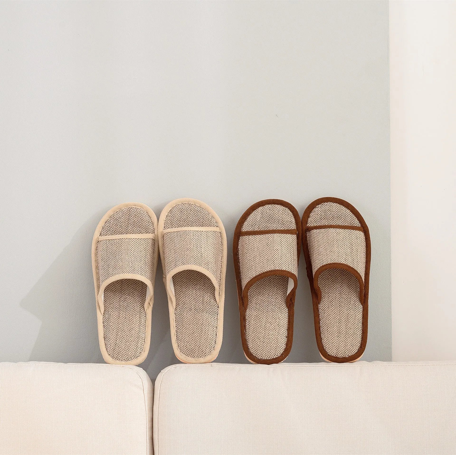 Women's open toe slippers in linen material, shown in a light brown colour with thickening sole.
