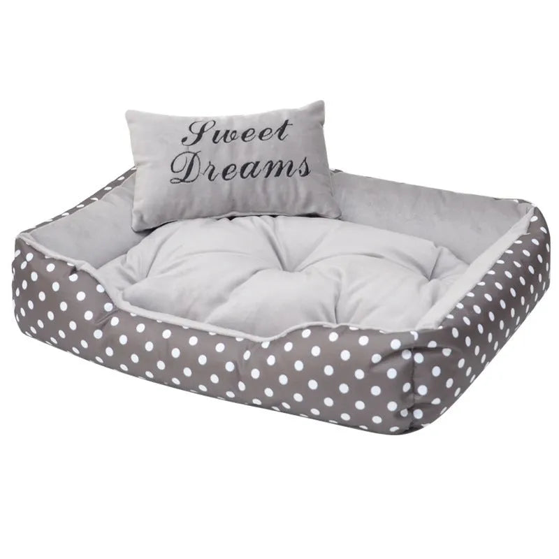 Polka dot print square dog bed with matching embroidery pillow in grey, blue, pink, or red.