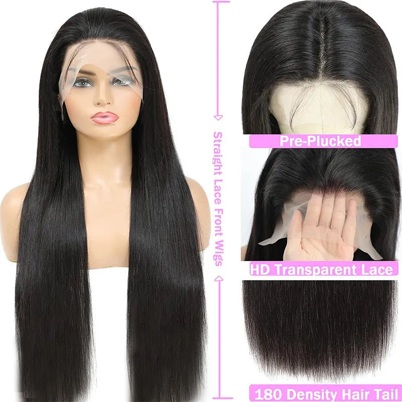 A straight, Black human hair wig with a 13x6 lace front, shown in a long length.