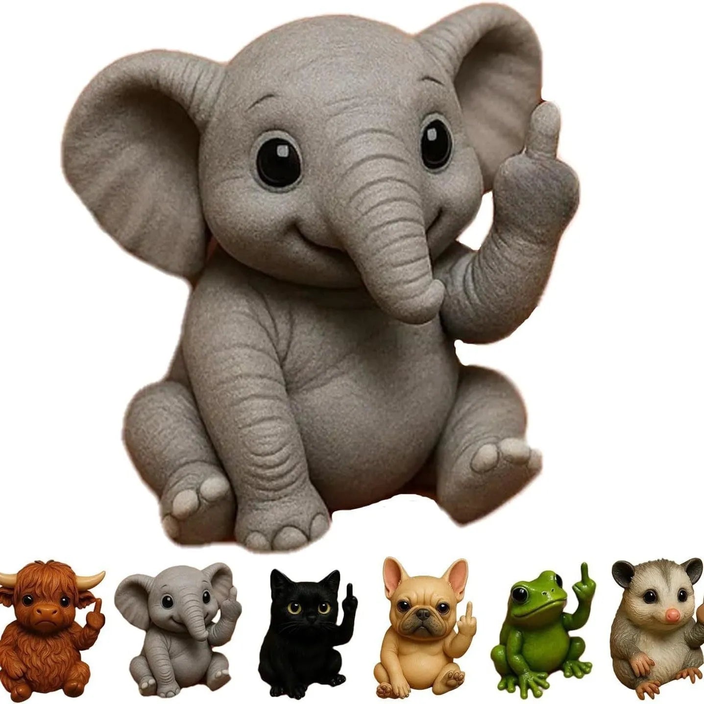 Resin animal middle finger ornament showing mini vertical doll in one of seven animal styles
