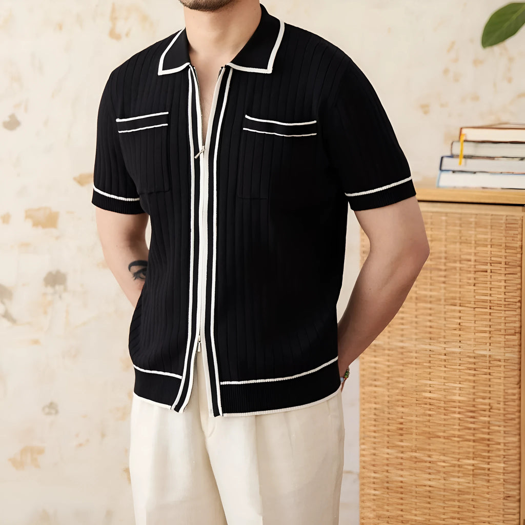 Slim fit black knitting polo shirt with short sleeves and lapel collar on a male model