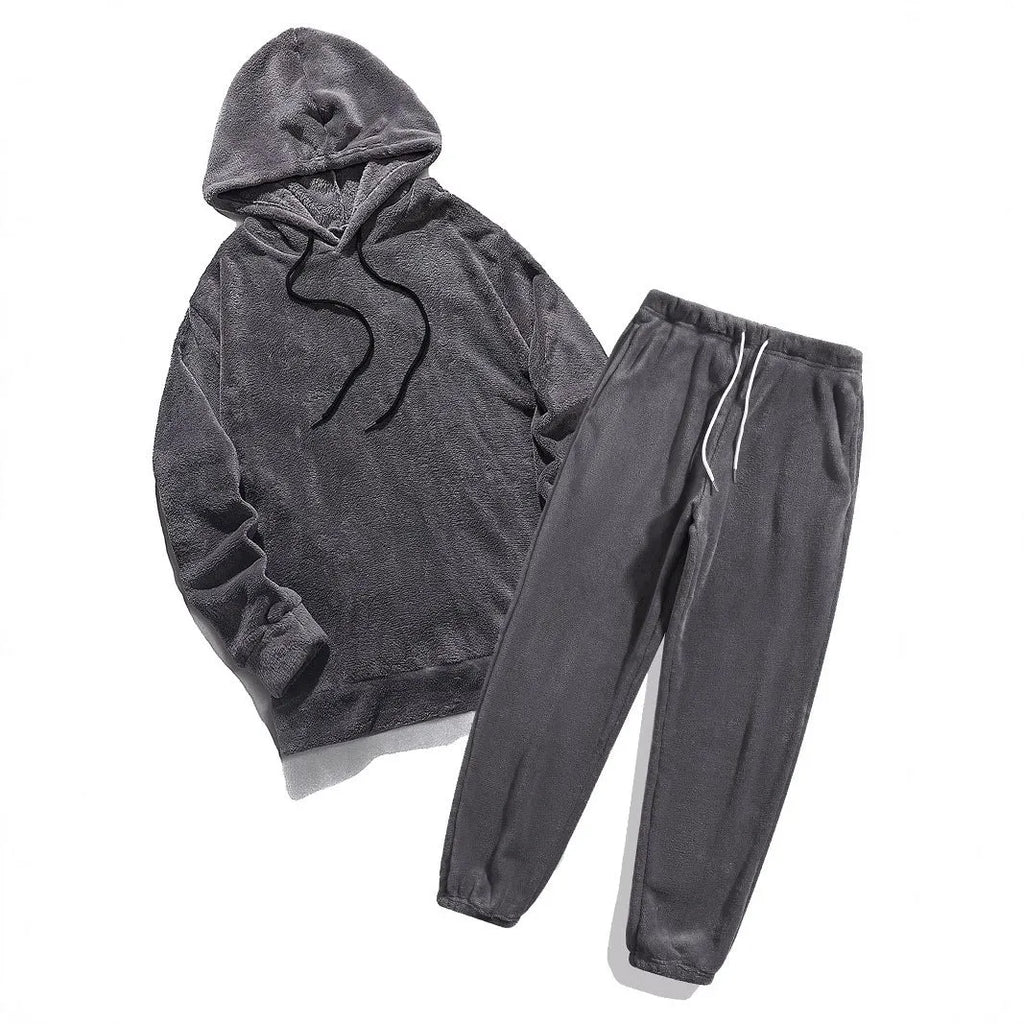 Women's coral fleece coat set with long sleeve top and trousers in black polyester fibre