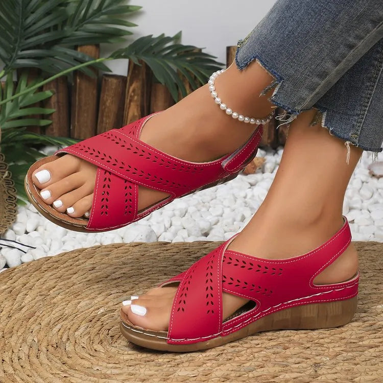 Plus size women's wedge sandals with back strap Velcro closure in white, low top round toe design