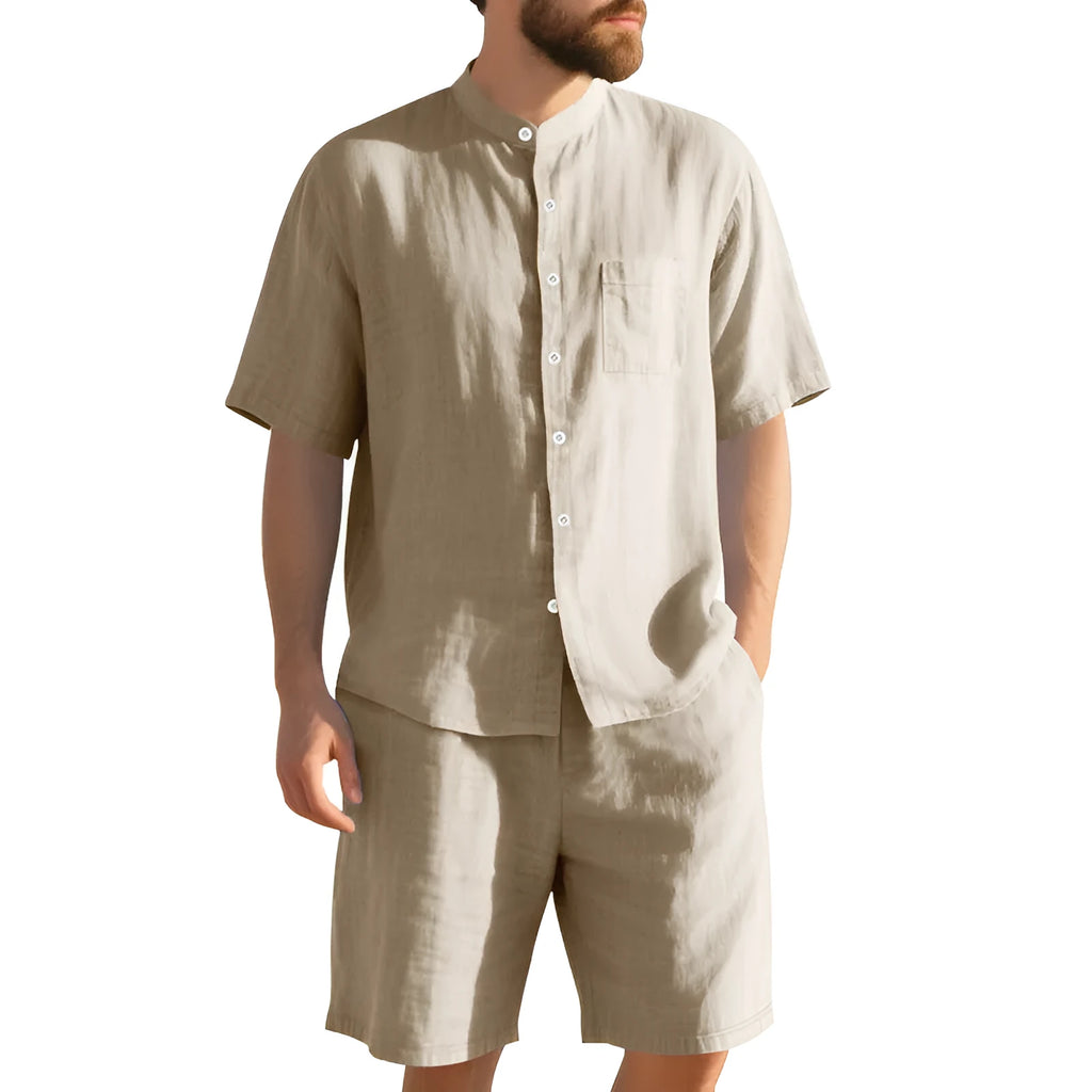 Men's linen summer two-piece suit with short sleeve Henry collar jacket and matching shorts