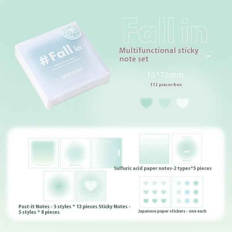 Square gradient parchment multifunctional notepad measuring 70mm with blush, green, purple, and blue pages