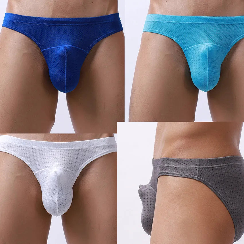 Men's transparent loose fit nylon underwear shown in available colours.