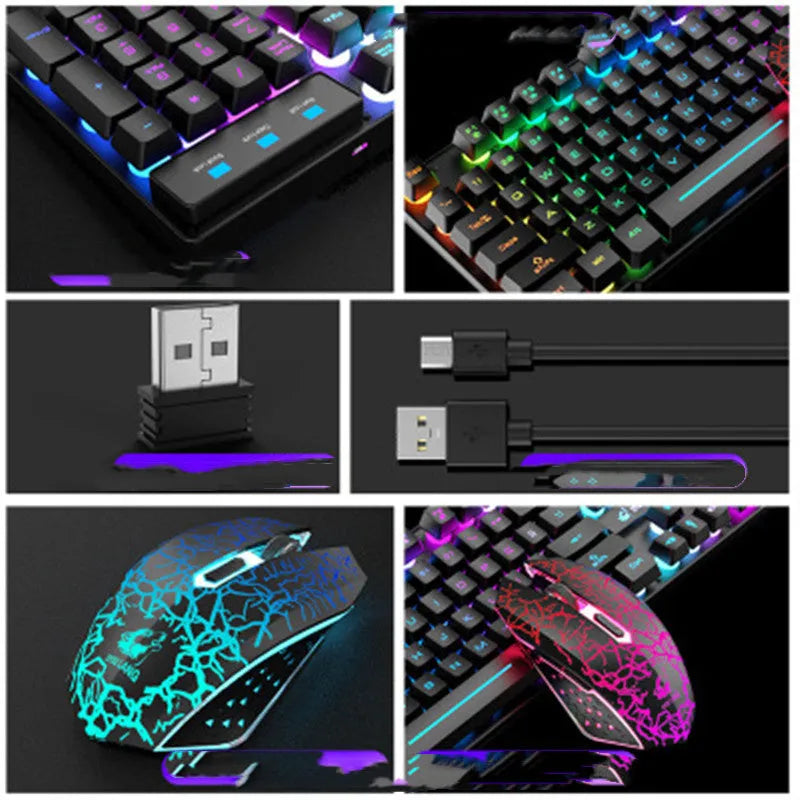 T3 wireless keyboard and mouse set showing black rainbow light backlit variant with USB receivers