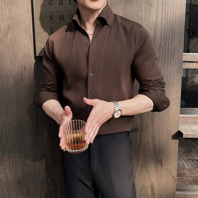 Men's dark striped V-neck long sleeve shirt in chemical fibre blend fabric available in multiple sizes