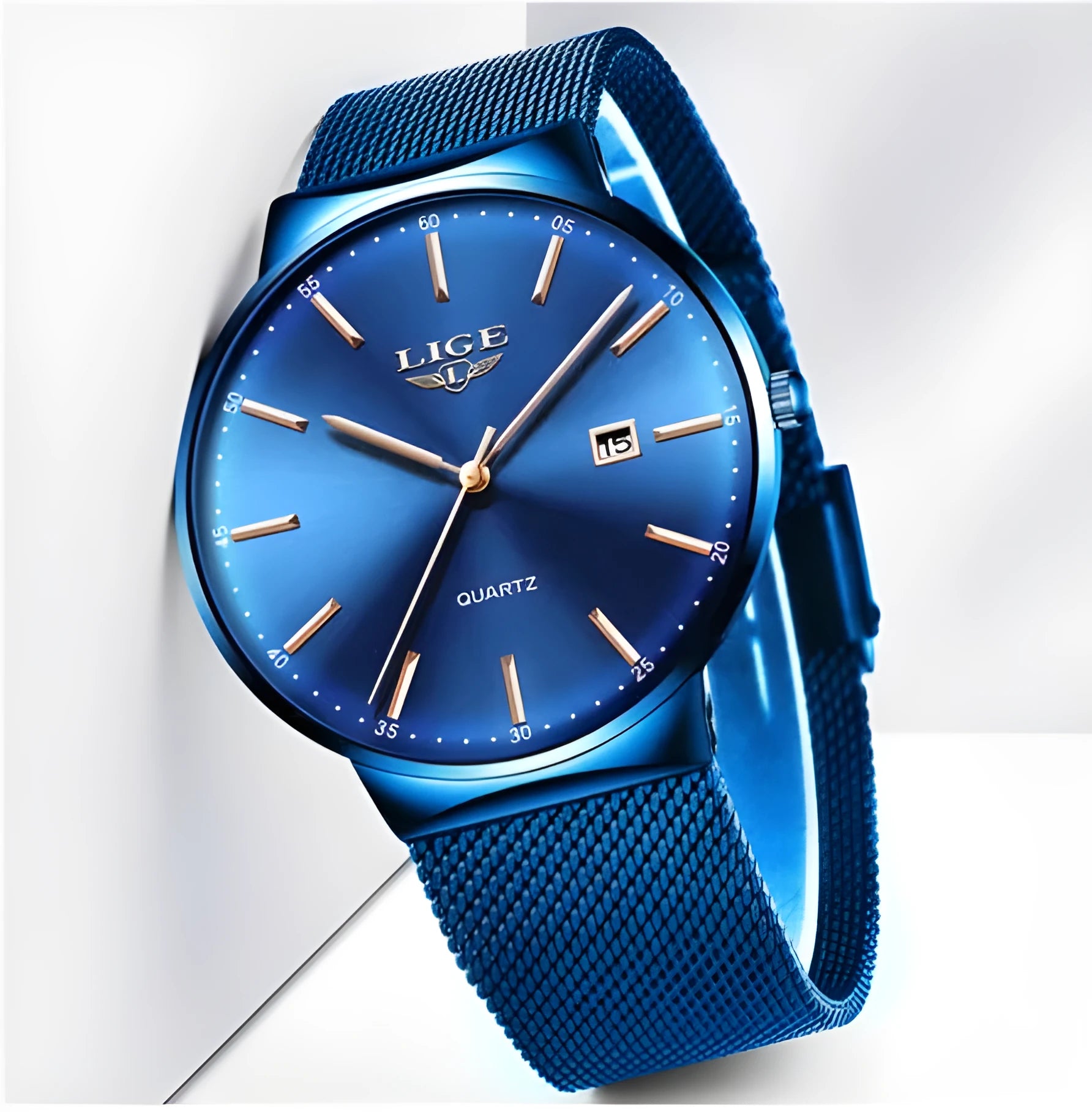 Men's stainless steel watch with 40mm case on adjustable strap in black, blue, or two-tone colour