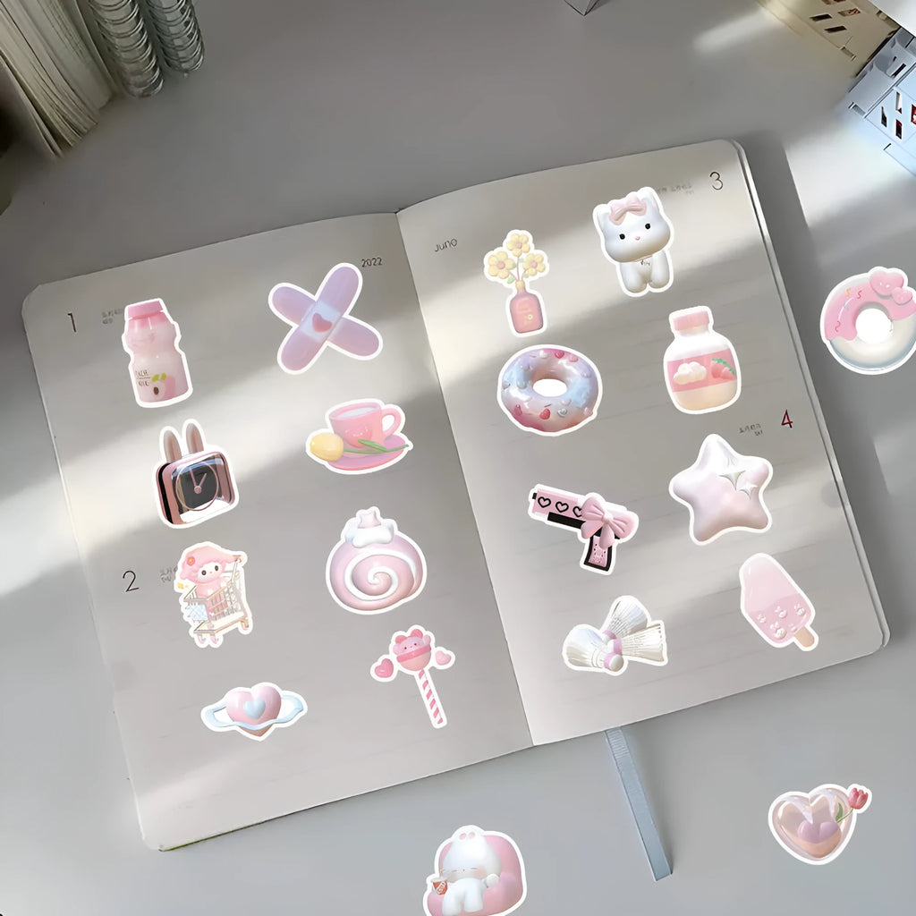 Pack of pink girl heart shaped 3D decorative stickers in a cute style on a light background.
