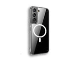 Transparent MagSafe magnetic TPU phone case for Samsung Galaxy S21, S22, S23 models on a table.