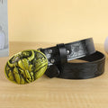 Men's black imitation leather belt with a detailed silver alloy cow head buckle shown fastened.