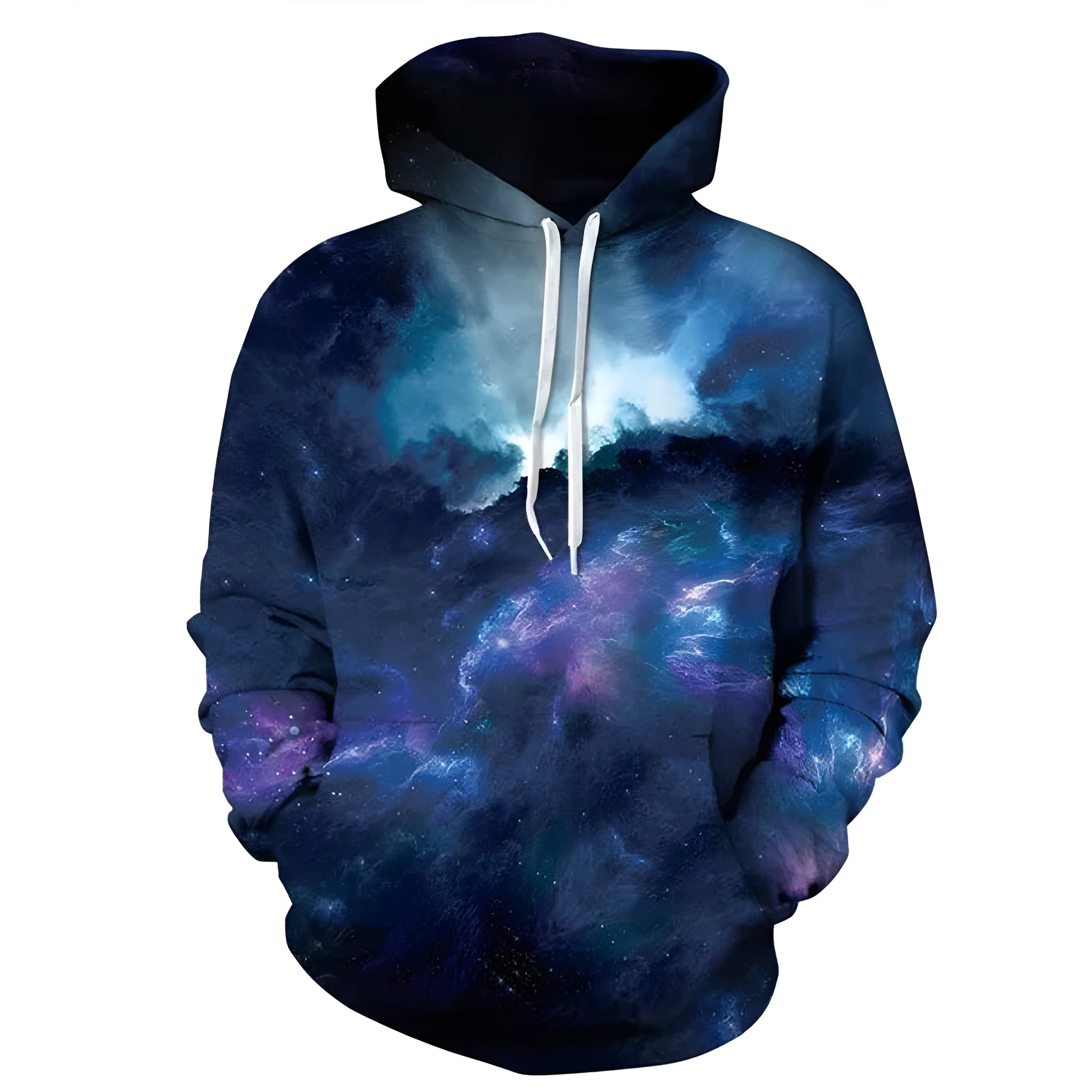 Deep blue galaxy hoodie polyester spandex unisex pullover top front view