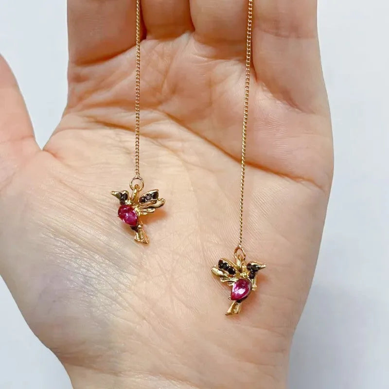 Bird hanging earrings with mixed zirconium wings in blue and red alloy drop style