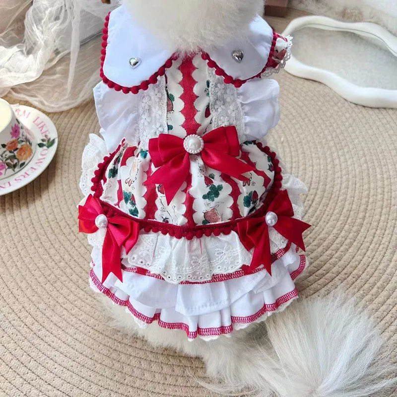 Rabbit skirt princess style dog costume in polyester shown in multiple sizes from XS to XL.