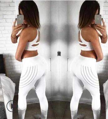 Women's black and white glowing print fitness leggings in milk silk fabric showing slim fit design