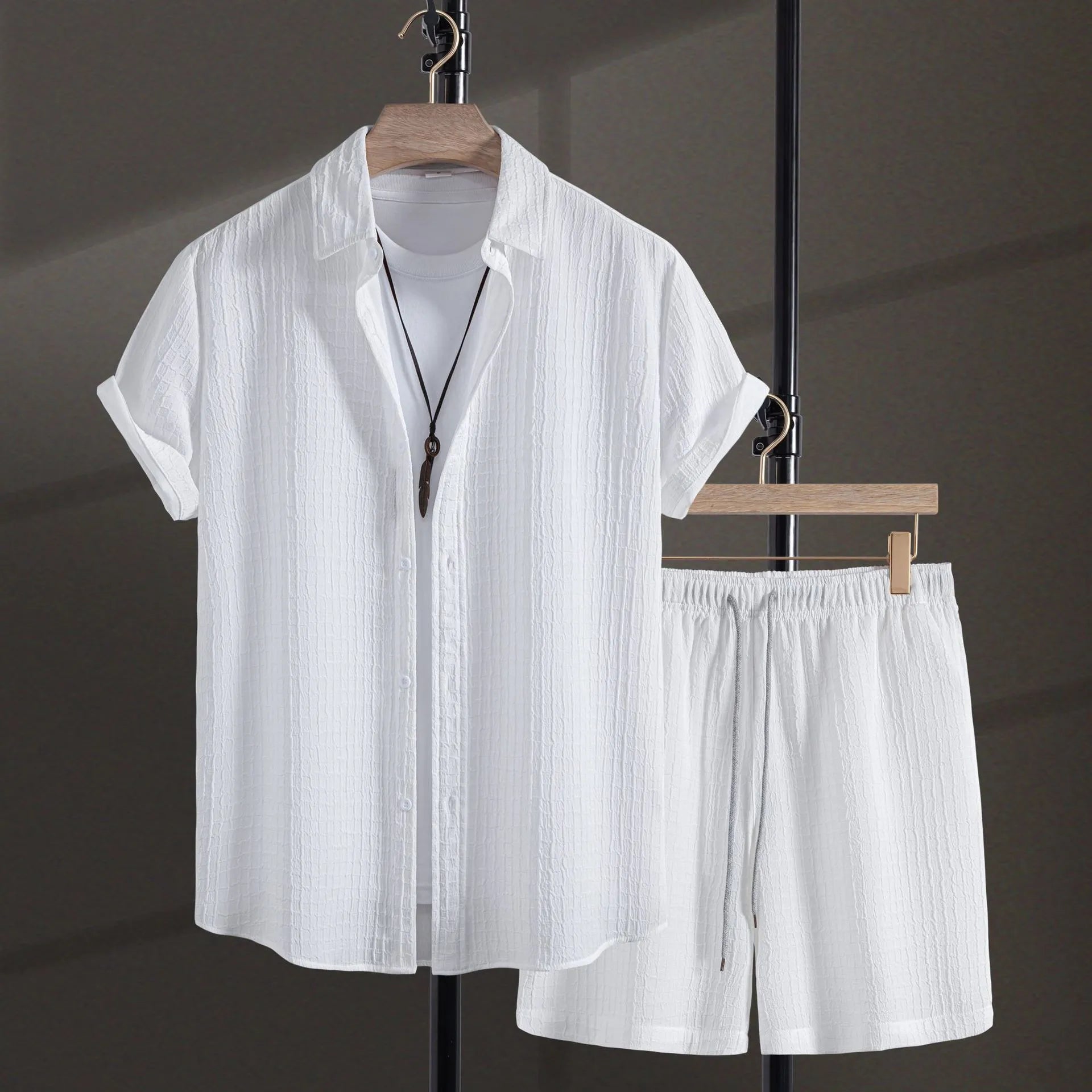 Men's white cotton blend jacquard short sleeve shirt with matching shorts leisure suit