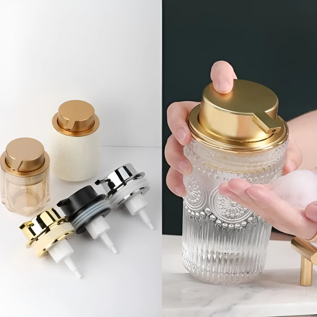 Foam pump bottle dispenser with large metallic pump head for facial cleanser.
