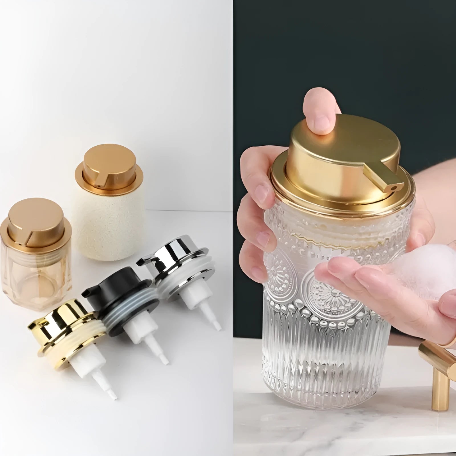 Foam pump bottle dispenser with large metallic pump head for facial cleanser.