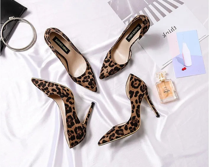 Leopard print women's pumps with 10cm stiletto heel pointed toe slip-on flock upper