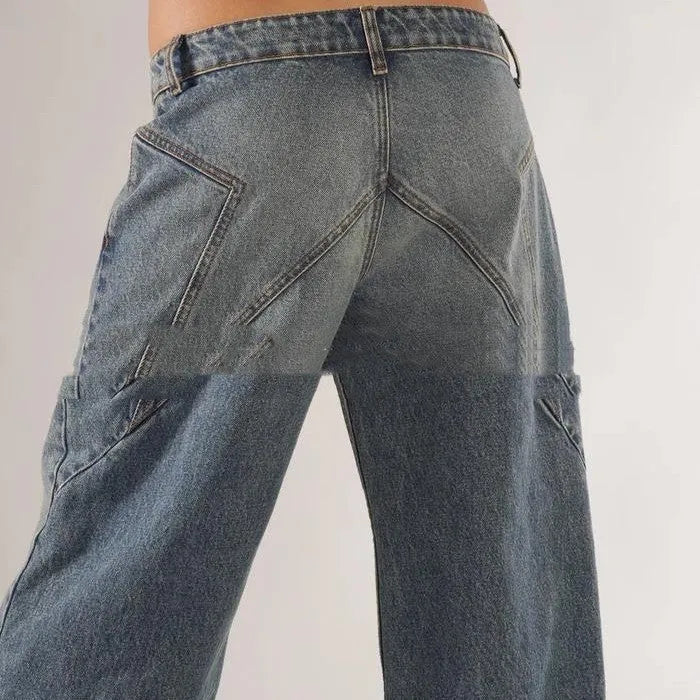 Blue loose straight wide leg cotton mop trousers with low waist and splicing detail