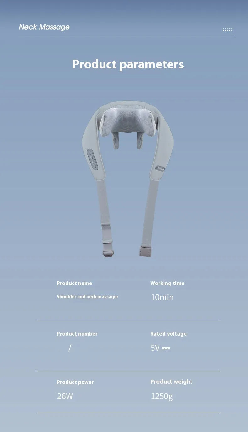Grey elastic fabric neck and back massager with infrared physiotherapy function and USB charging port