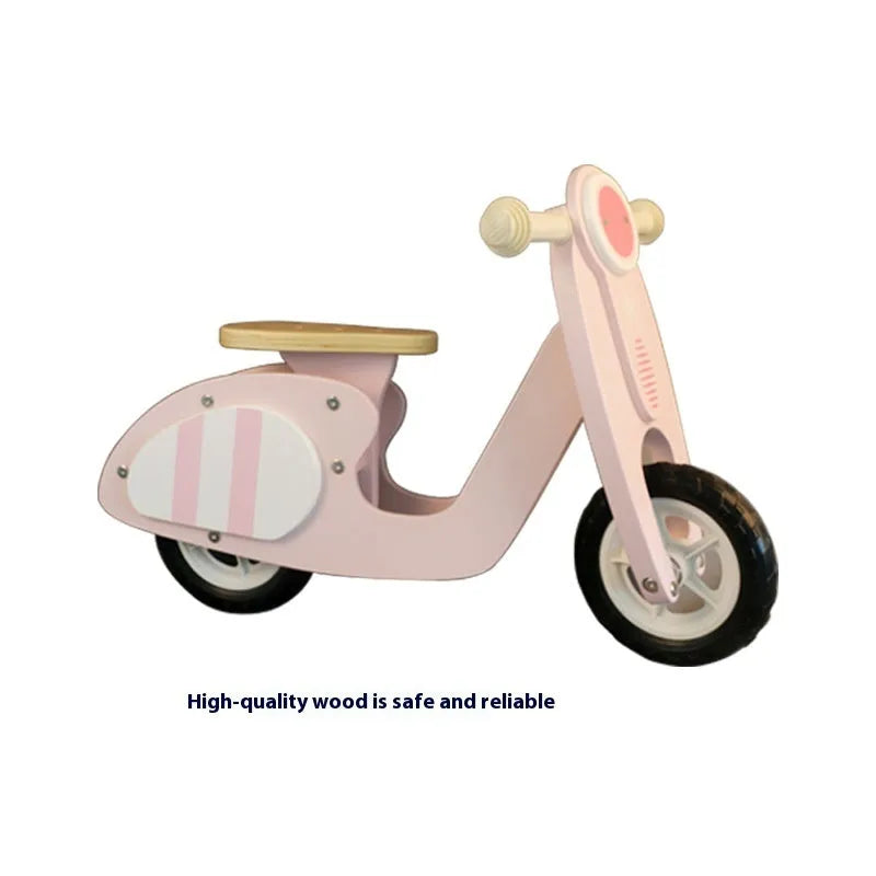 Pink wooden balance scooter for toddlers aged 1-6 years, 10-inch size.