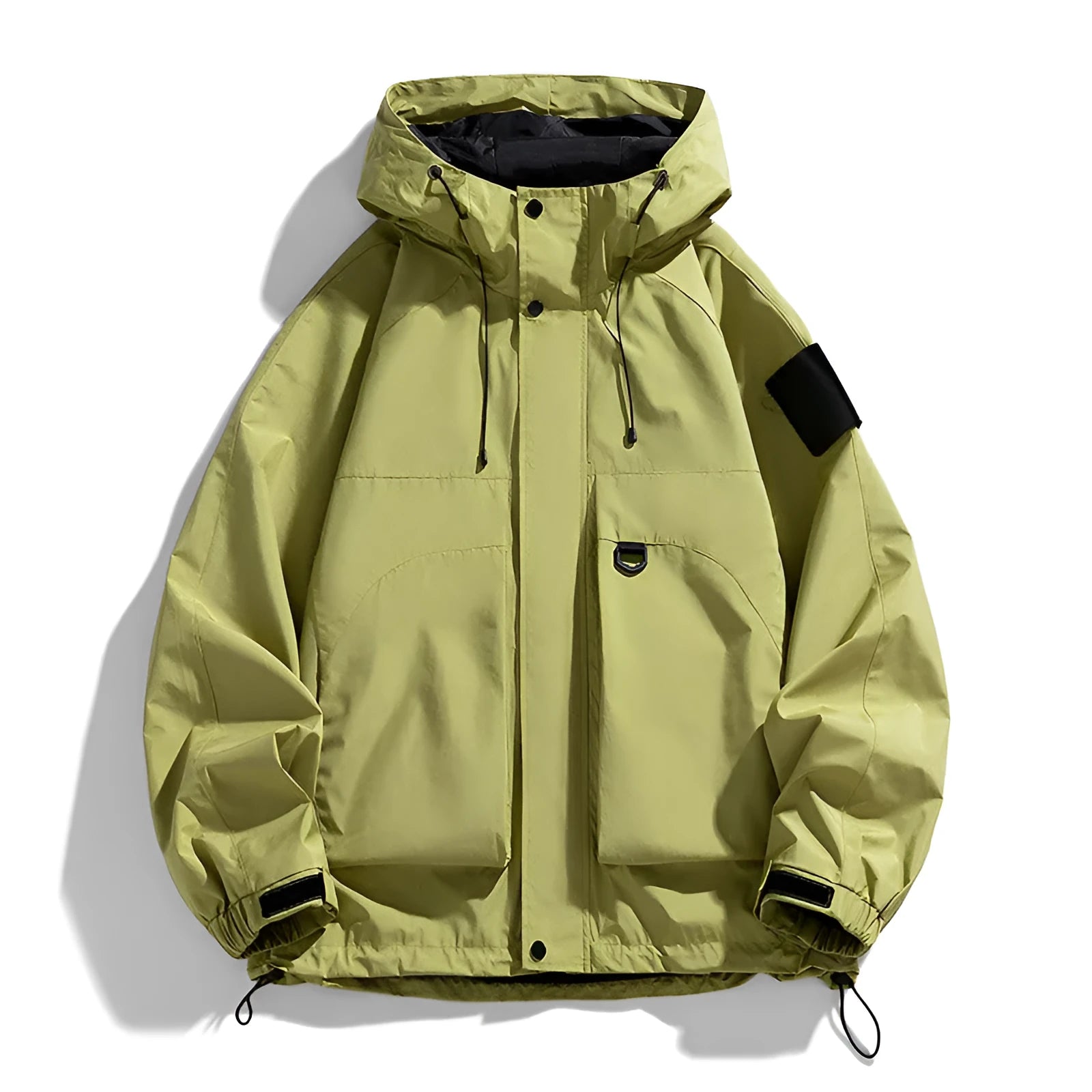 Men's hooded windproof waterproof jacket in black, ginger yellow, or purple, regular length with long sleeves.