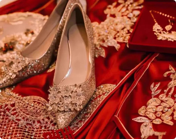 Xiuhe champagne wedding shoes with crystal rhinestones and pointed toe