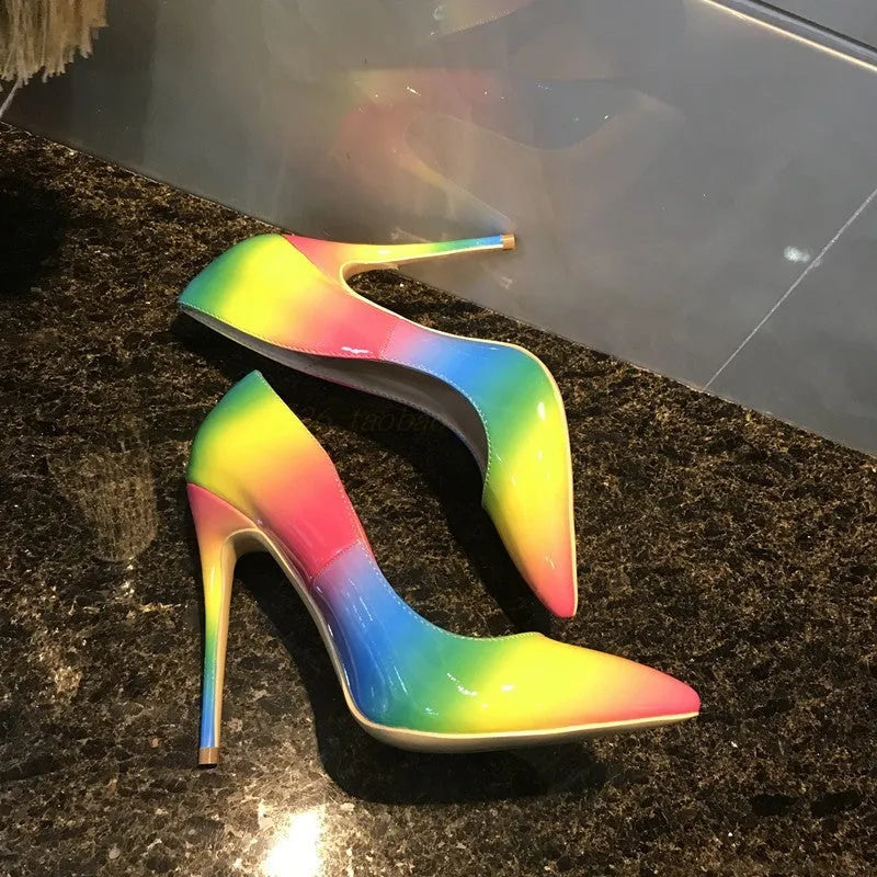Rainbow patent leather pointed toe high heels with thin stiletto heel on size chart