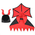 Black polyester vampire cloak and matching hat for a pet Halloween costume.