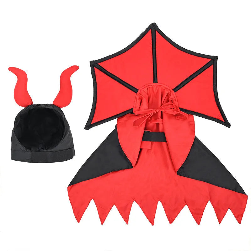 Black polyester vampire cloak and matching hat for a pet Halloween costume.