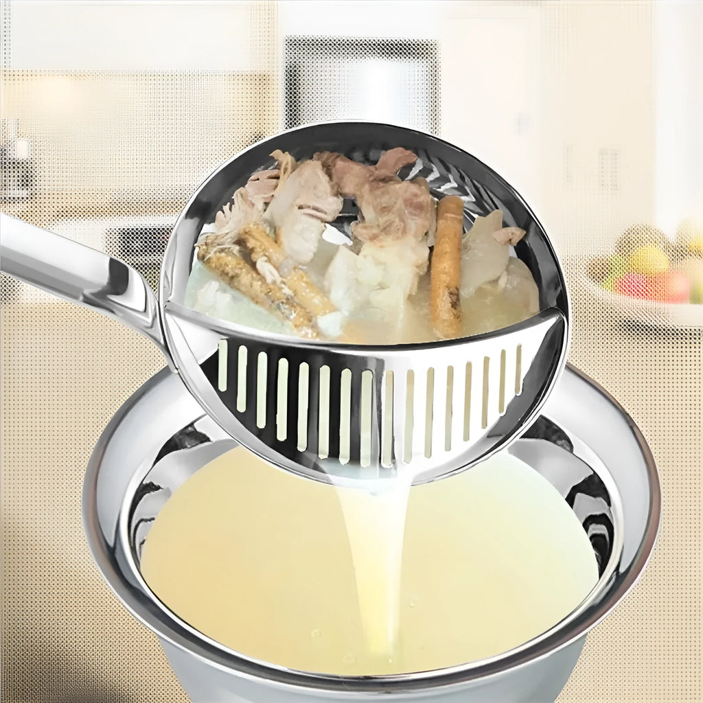 Stainless steel detachable kitchen colander spoon on a countertop