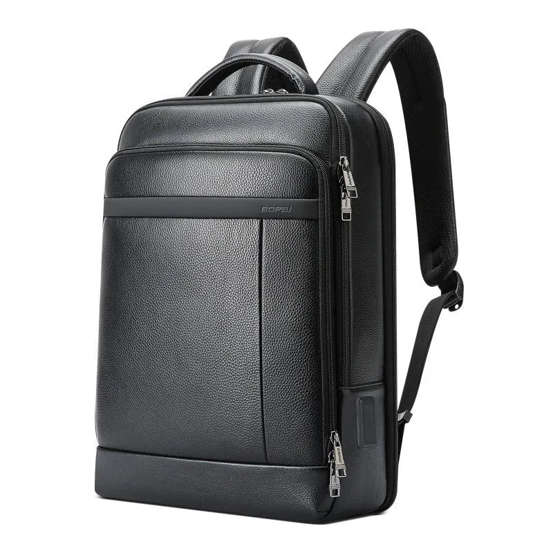 Solid black genuine cowhide leather business backpack with USB port and curved straps