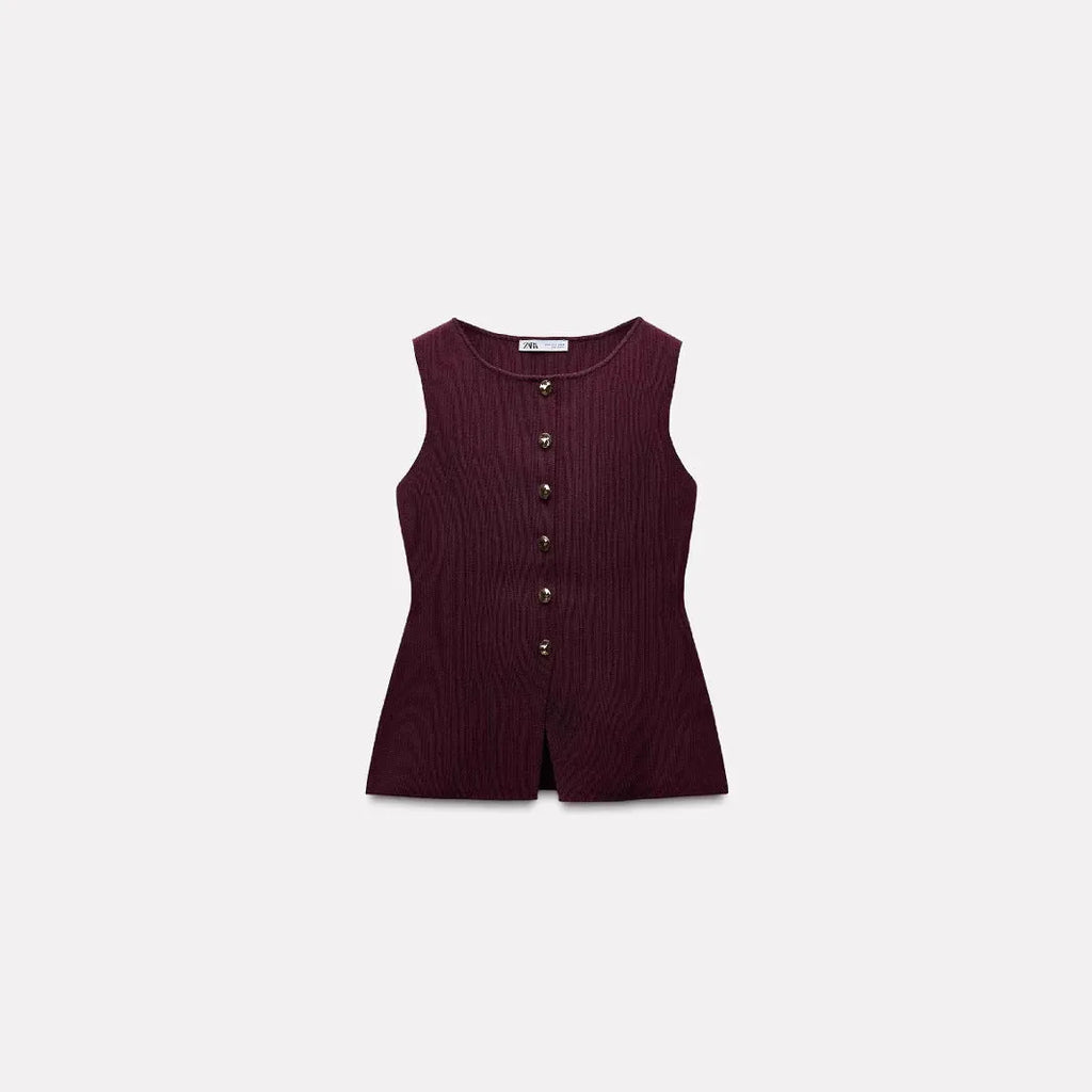 Dark red slim fit sweater vest with gold buttons and 3D textured pattern