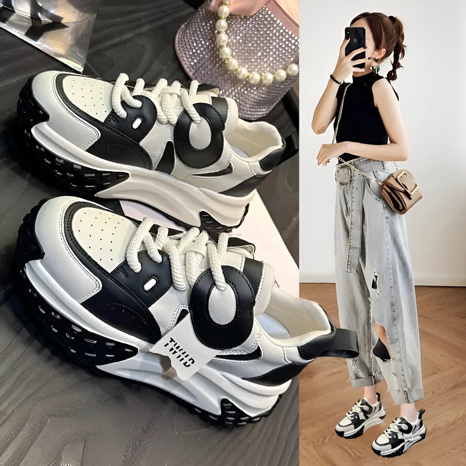 Women's silver leather casual shoes with thick wedge soles and lace-up front.