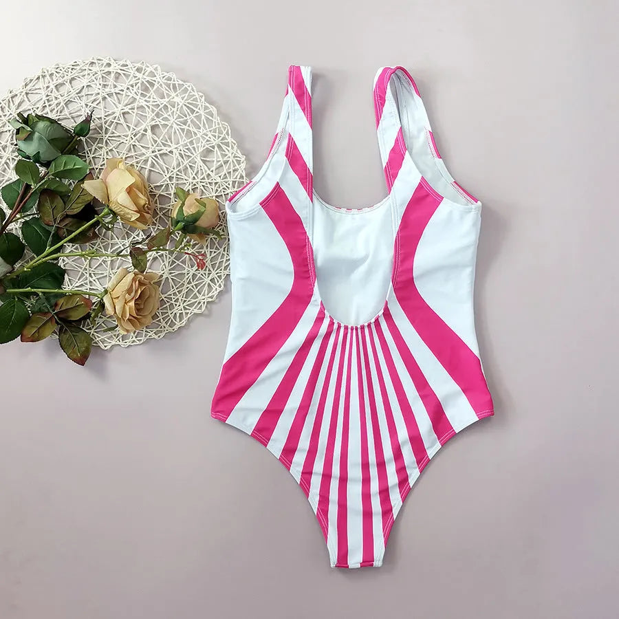 Women's pink striped one-piece swimsuit with front and rear digital print positioning