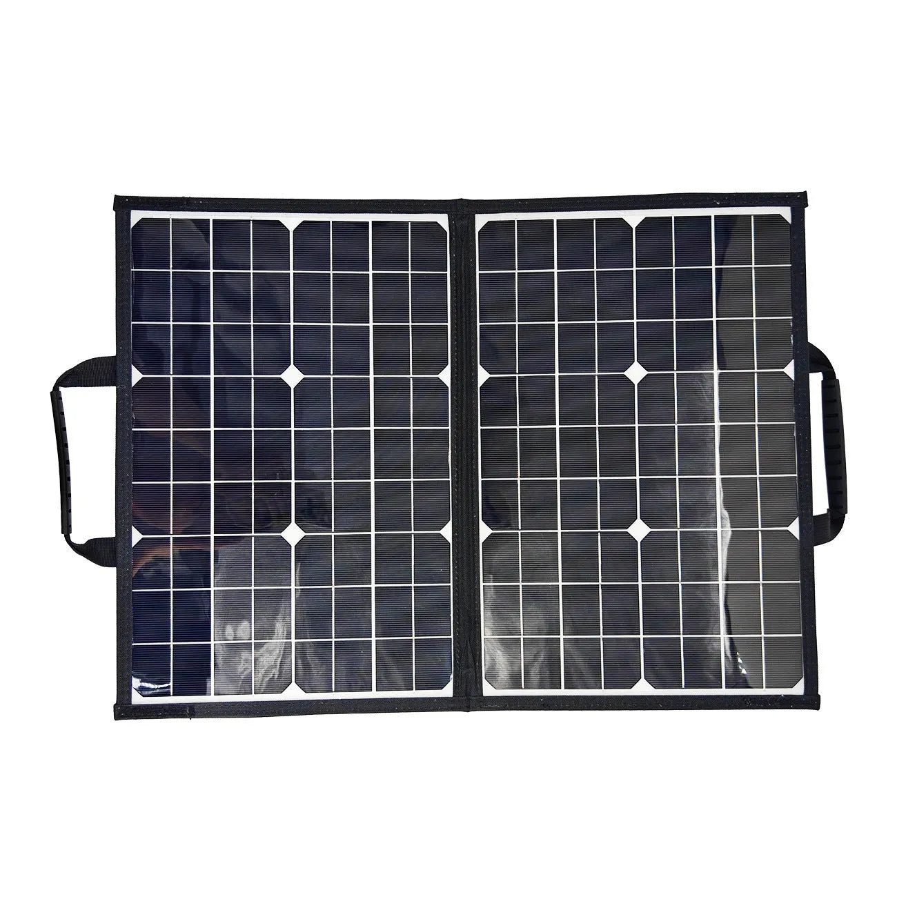 Black 40W portable solar folding panel showing folded dimensions of 425x285x8mm with single crystal cells