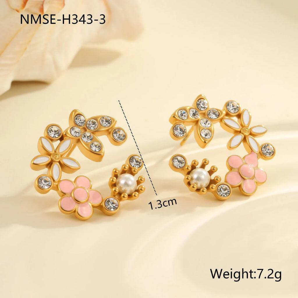 Flower stud earrings with colourful oil petal design in stainless steel with gold plating