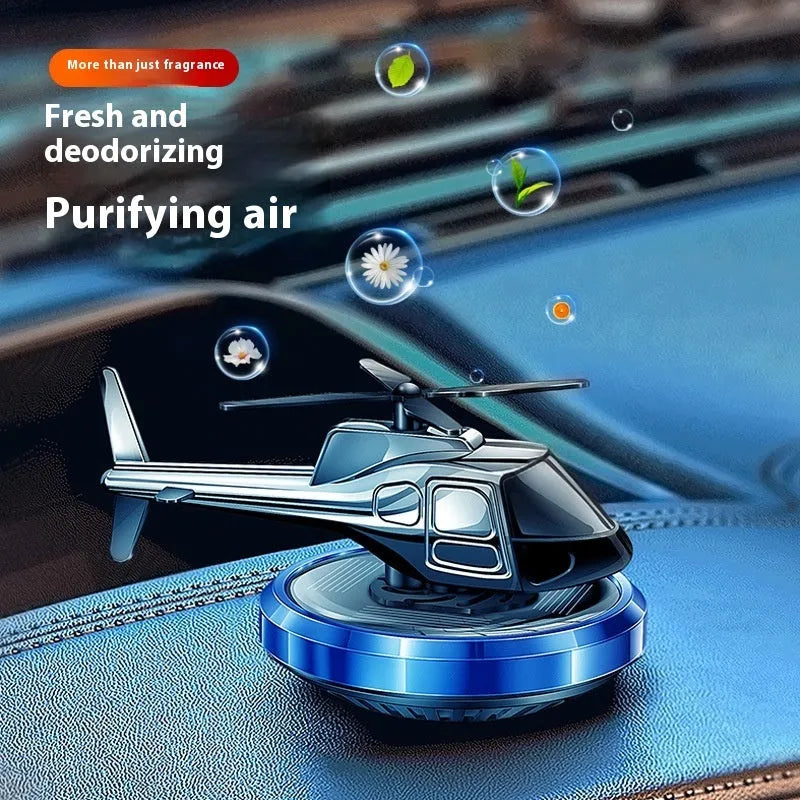Metal solar-powered rotating helicopter car air freshener ornament in three colour options
