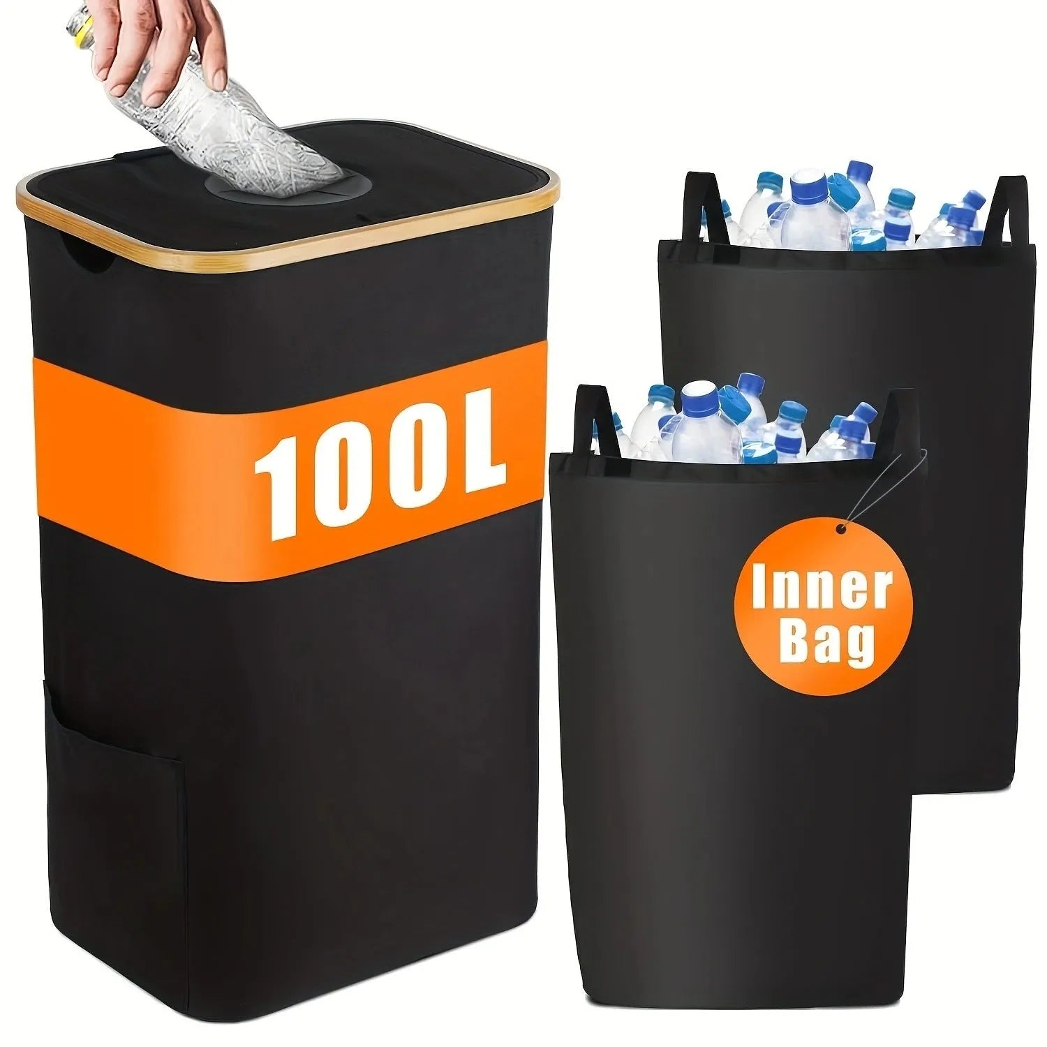 Black bamboo storage basket with removable lid and double inner pockets for recycling organisation
