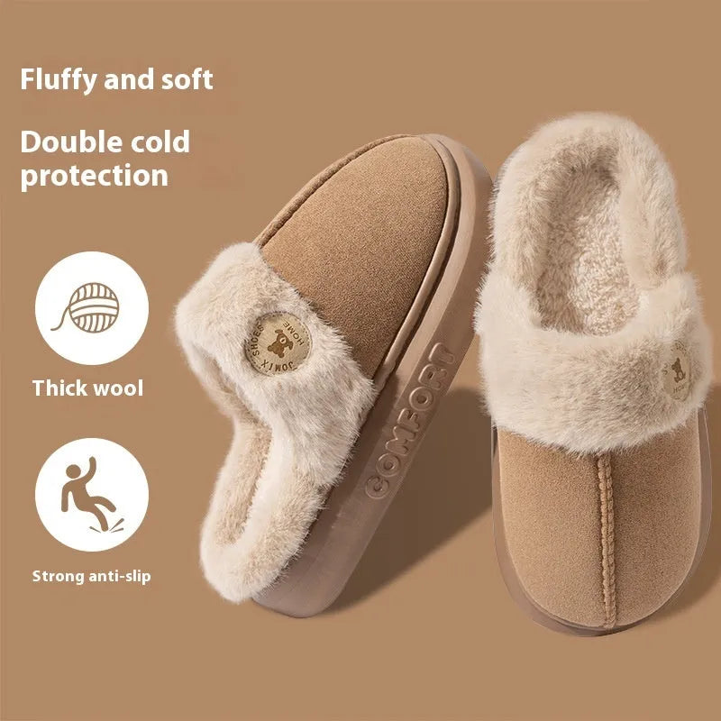 Plush fleece slipper with thick PVC sole and car stitching, shown in blue colour.