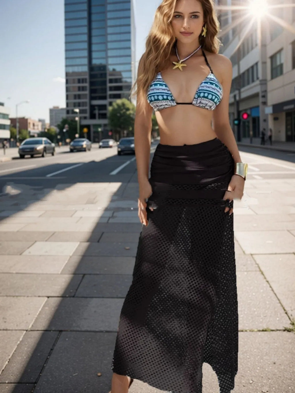 Women's bikini three-piece set with fishnet long skirt in gradient pattern available in three colours