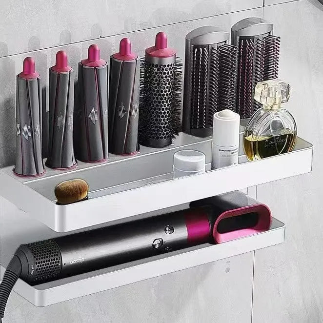 White punch-free double layer bathroom storage rack holding Marcel wavers and hair styling tools